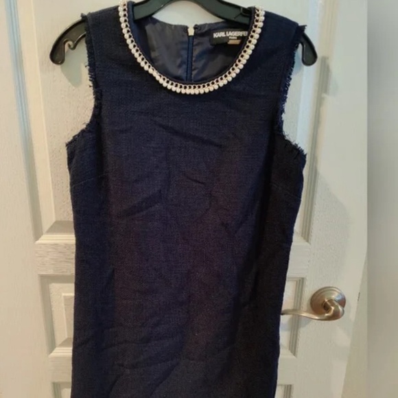 Karl Lagerfeld Paris Navy Blue Tweed Pearl Dress - Picture 2 of 5